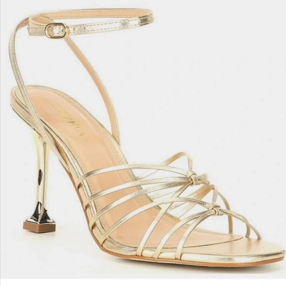 Brand New Kurt Gieger Carvela Gold Strappy Leather Ankle Strap Sculptural Heel
